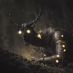 an animal with lots of glowing eyes and horns