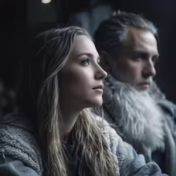 a woman with long hair standing next to a man wearing a fur jacket