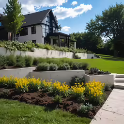 an exterior view of a house with grass, flowers and steps