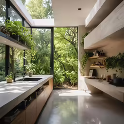 there is a large kitchen with a window on one side