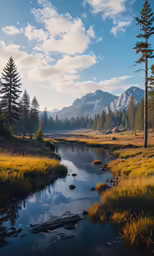 a grassy field with some trees and water