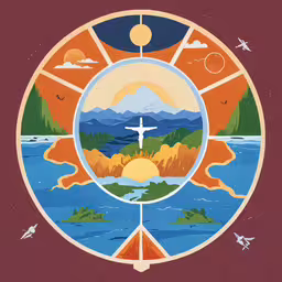a cross in the sky over a body of water,an illustration of the sun and cross