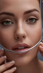 a woman holding up a circular mirror to her face