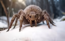 a giant spider sits in the snow and smiles
