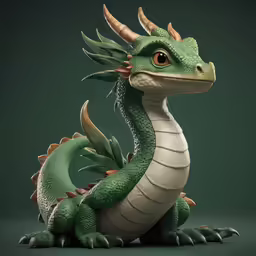 a green dragon with long horns sitting