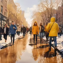 many people walking in the street on a snowy day