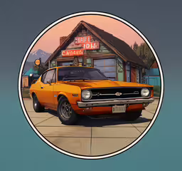 an orange old car parked in front of a store,an orange car sitting in front of a restaurant