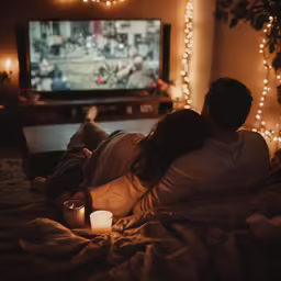 couple lying down watching tv with candles burning