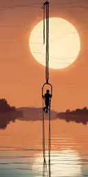 an old time scene that is shown with some wires,a sun with a crane suspended off of it