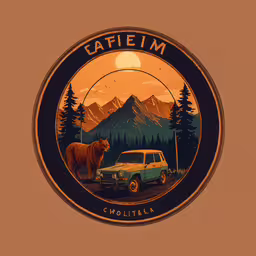 a painting of a vehicle with an image of the animal in the circle of a mountain scene,an image of a small vehicle that is parked with a cow