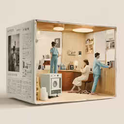 two people standing in a miniature model kitchen