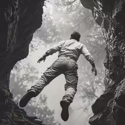 man flying through trees wearing pants and a white top