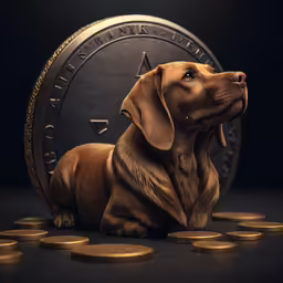 a dog sitting next to a bunch of coins