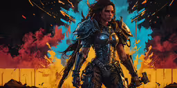 an image of a woman holding guns with an angry background,a female soldier walking through a flame filled field