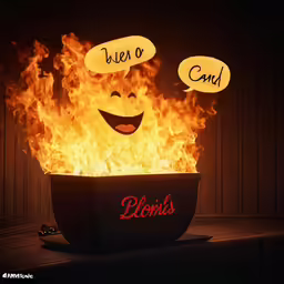 a bowl with a fire in it that has a face and has two conversation bubbles above it