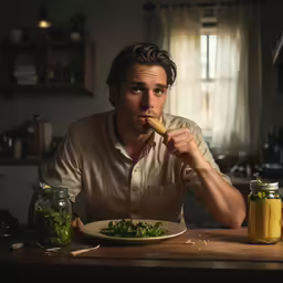 a man eats some food with a fork