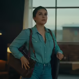 a woman holding an old brown bag in front of a big window