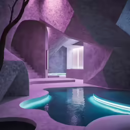 an indoor swimming pool is in a purple room