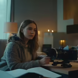 a woman holding a camera while sitting at a table