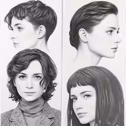 three different views of a woman with short hair and long bangs