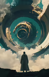 a man standing on some stairs near some clouds