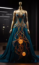 a blue evening gown that has gold accents and is in the front