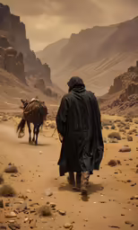 the man is walking down the path by his horse