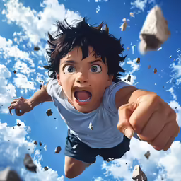 a young child is pointing to the sky