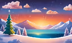 a snowy landscape with a lake, trees and mountains,the sun is setting in front of mountains and trees