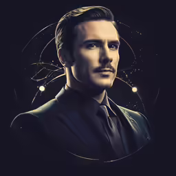 a man in a black suit and tie looking into the distance