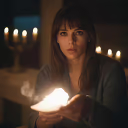 a woman holding a light that looks like it is floating