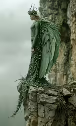a woman with large green wings standing on the edge of a cliff