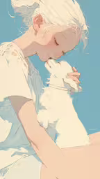 an anime picture of a lady touching her dog