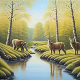 a painting of three rams in a forest beside a stream,there is a painting of some goats drinking at a pond,a painting of three sheep standing by the water,there are two sheep that are walking in the woods,a painting of some goats next to the water