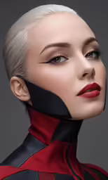 a model with makeup, make - up and eye shadow is dressed in red and black leather