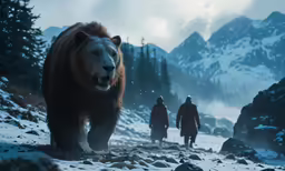 two people are walking in the snow with a large bear