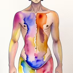 a man standing in front of a wall wearing two rainbow outfits,there is an image of a person with his stomach drawn in colorful paints