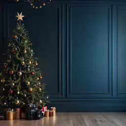 a christmas tree sits on the wooden floor in a dark room with decorations