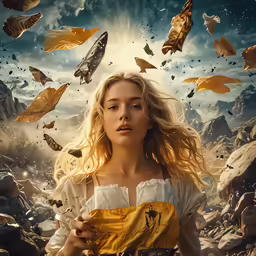 a woman with an american flag dress is surrounded by gold and flying fish