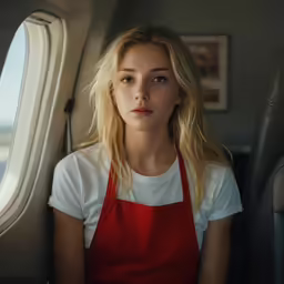 young female sitting on airplane seat with sideburns