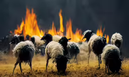 some sheep are walking through a field with flames