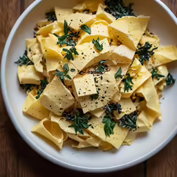 pasta with herbs and cheese is in a white bowl