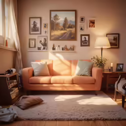 a living room with a couch, rug and several pictures on the wall