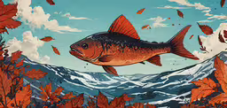 an orange fish swims through autumn leaves,a fish jumping out of the water with leafy plants