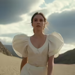 a woman in a white dress is walking on the sand