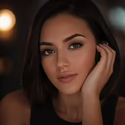young woman in a black dress holding a cell phone to her ear