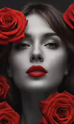 a woman with red lipstick and rose makeup