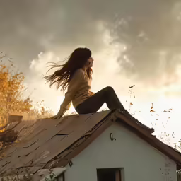 woman with long hair sitting on roof looking off