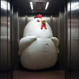 the chicken in the elevator is large,a large stuffed chicken sitting in an elevator