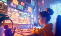 the young child is using the computer in her home